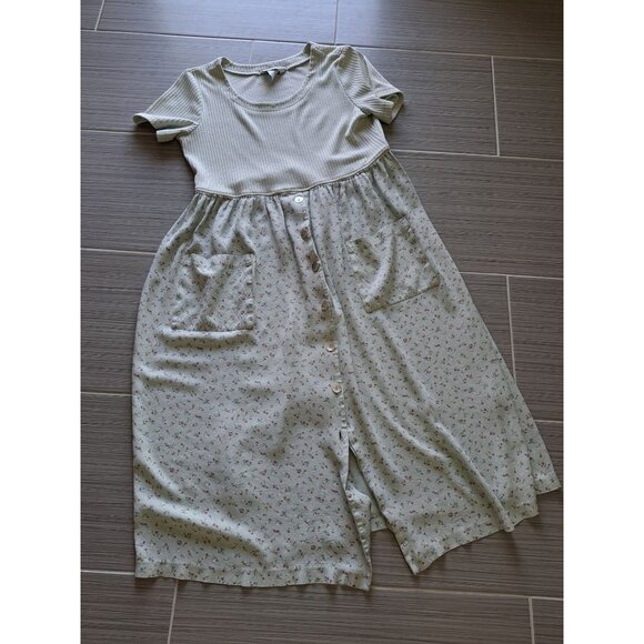 Vtg Casual Corner Green Ribbed Floral Button-Down Maxi Dress Short Sleeve Pocket - Picture 9 of 12